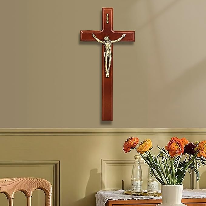 SISSIDA Crucifix Wall Cross, 12 Inch Handmade Wooden Catholic Crosses with Jesus Christ for Wall Decor