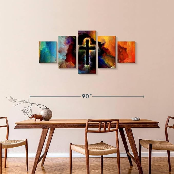 Elephant Stock Colorful Cross Wall Art Multi Piece Canvas - 5 Panel Christian Pictures Decor - Digital Design Canvas Print - Christian Wall Decor - 74" X 34"