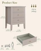 Night Stand, Fluted Nightstand Bedside Tall Farmhouse Nightstand with 3 Drawers, Mid Century Modern Side Accent Table,Bedside End Table for Bedroom, Living Room, Khaki