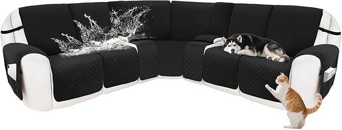 Reclining Sectional Couch Covers 100% Waterproof Velvet L Shape Recliner Couch Covers for Sofa Pets Washable Anti Slip Recliner Slipcovers with Pockets (5 Seat Sofa with 2 Console, Black)