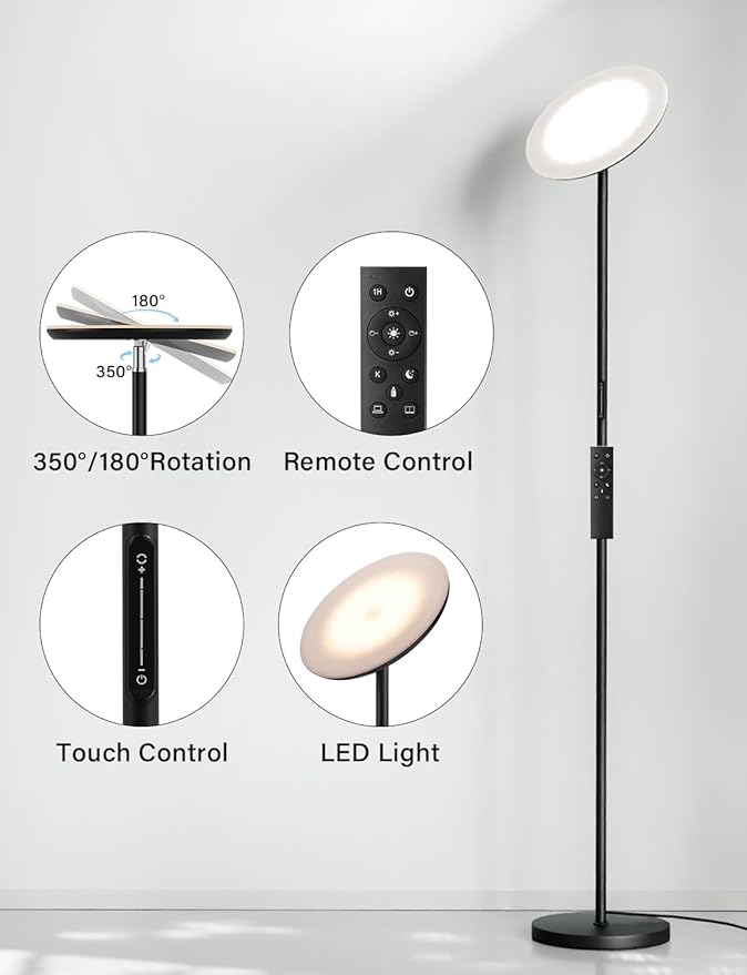 Modern LED Floor Lamp - Remote & Touch Control, 40W/2400LM Sky Torchiere Standing Lamp, Fully Dimmable, 3 Color Temperatures, Ideal for Living Room & Bedroom, Easy to Assemble