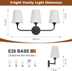 Kvhilw Bathroom Vanity Light, Matte Black Bathroom Light Fixtures, 3-Light Lighting Fixtures Over Miror, Modern Wall Sconce with Flared White Fabric Shade, E26 Socket(ETL Listed)