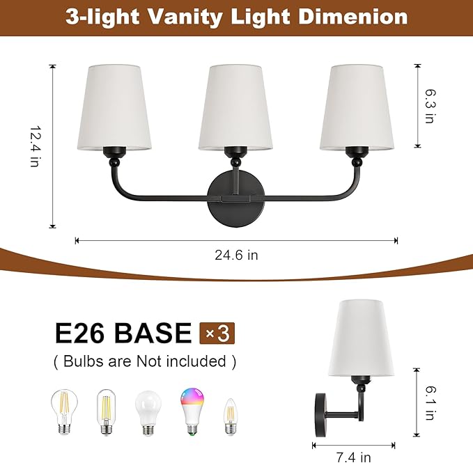 Kvhilw Bathroom Vanity Light, Matte Black Bathroom Light Fixtures, 3-Light Lighting Fixtures Over Miror, Modern Wall Sconce with Flared White Fabric Shade, E26 Socket(ETL Listed)