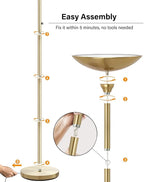 BoostArea Torchiere Floor Lamp Gold, 30W Super Bright LED Standing Lamp, 3000K Stepless Dimmable Pole Lamp with Rotary Switch, 70 Inch Tall Metal Modern Floor Lamps for Living Room/Bedroom/Office/Den