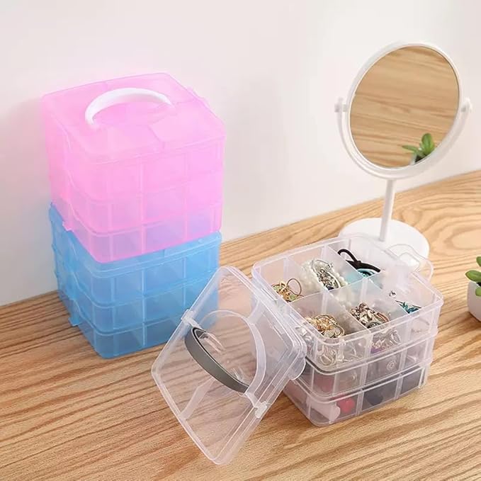 3-Tier Hair Accessories Storage Box, Clear Plastic Organizer with Handle, 5.9 x 5.9 x 5.1 in (Pink, 5.9 x 5.9 x 5.1 in)
