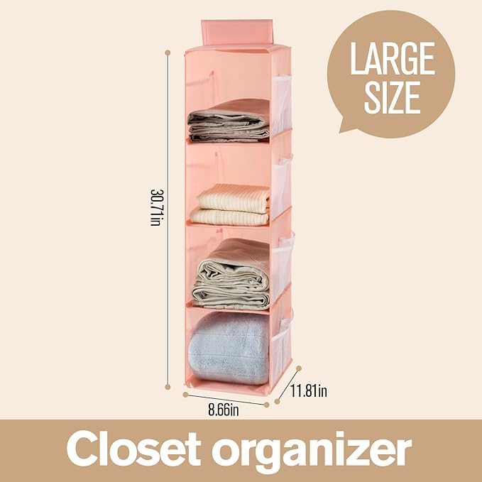 Hanging Closet Organizer, 4-Section Storage Shelves, Oxford Cloth with Mesh Pockets, (Pink, 4 Section)