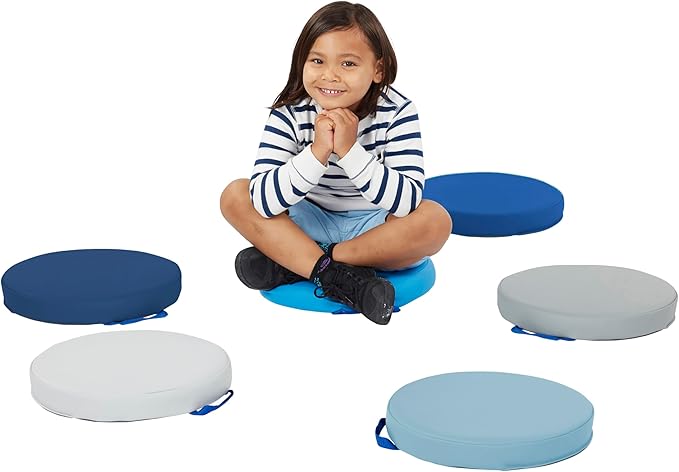 Factory Direct Partners SoftScape 15 inch Round Classroom Floor Cushions with Handles; Flexible Seating for Daycare, Preschool, Playroom; 2 inch Thick Deluxe Foam (6-Piece) - Navy/Powder Blue, 11232