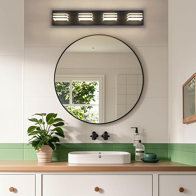 4-Light LED Black Vanity Lights for Bathroom Light Fixtures Adjust 3 Colors Modern Bath Lighing Over Mirror LED Vanity Light 27inch Acrylic Heads