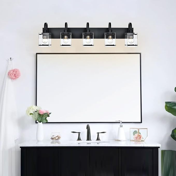 5 Light Vanity Light Bathroom Lighting Fixtures,Black Cage Vintage Wall Sconces Lighting,40.2 Inch Bath Wall Mounted Lights with Clear Glass Shade Bathroom Vanity Light for Living Room