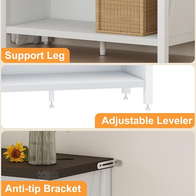 BON AUGURE Farmhouse Bookshelf, 3 Tier Bookcase, Wood Low Book Case, Short Storage Book Shelf for Home Office, Living Room, Small Space, Bedroom (White Oak and Walnut Brown)