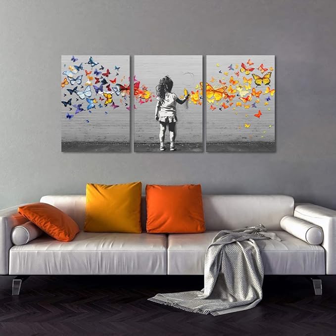 Novatique Banksy Wall Art Street Wall Art Colorful Butterfly Graffiti Painting Canvas Print Modern Graffiti Picture Art for Office Living Room Bedroom,20”x 28”x3Pcs