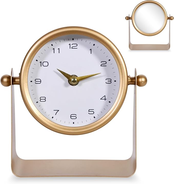 Vintage Mirror Table Clock on Stand, Decorative Desk and Small Clocks Shelf Clock Decorative Battery Operated Table Top Decor for Living Room，Silent Non-Ticking (Gold)