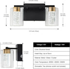 SineRise 2-Light Black and Gold Vanity Light with 3 Color Modes (3000K/4000K/6000K), Eye Protection LED Bathroom Light Fixture, Dimmable Modern Wall Light Over Mirror with Clear Glass Shade