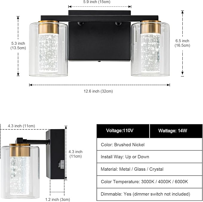 SineRise 2-Light Black and Gold Vanity Light with 3 Color Modes (3000K/4000K/6000K), Eye Protection LED Bathroom Light Fixture, Dimmable Modern Wall Light Over Mirror with Clear Glass Shade