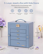 Homde Synthetic Leather Huge Jewelry Box Mirrored Watch Organizer Necklace Ring Earring Storage Lockable Gift Case (Grey Blue + Gold)