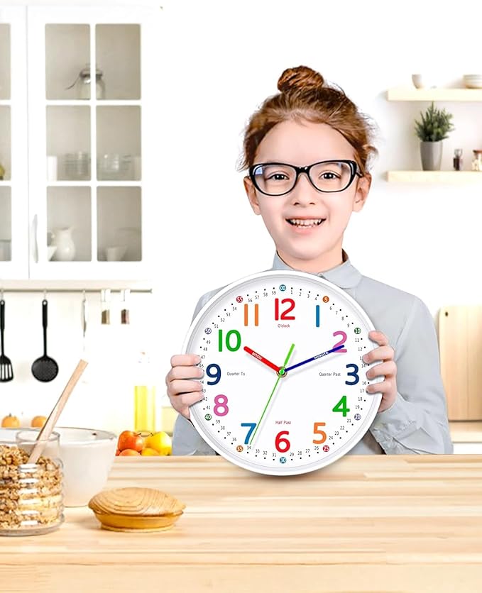 Silent Kids Wall Clock – Non-Ticking, Battery-Powered, Ideal for Teaching Time and Stylish Décor in Any Room - 14 Inch