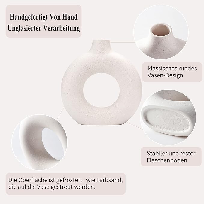 CEMABT White Donut Vase Hollow Ceramic Vase for Flowers Handmade Minimalist Boho ins Style Modern Home Decor for Wedding Dinner Table Party Living Room Office Bedroom(S)