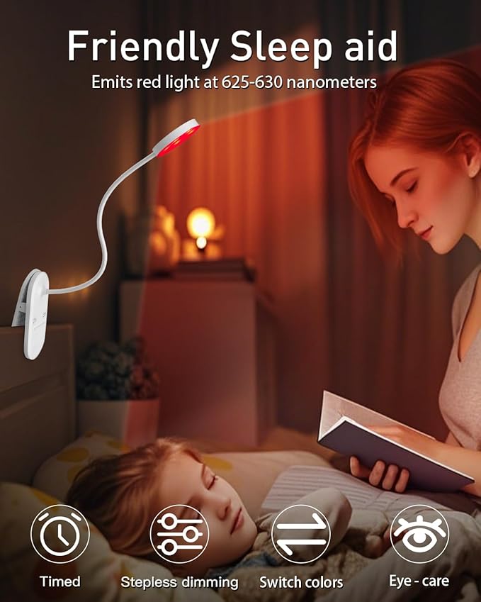 Diomart Rechargeable LED Desk Lamp, Clip On Dimmable Reading Light with Timer, Red Light Sleep Aid Bedside Lamp for Workbench, Kids, Studying，Home