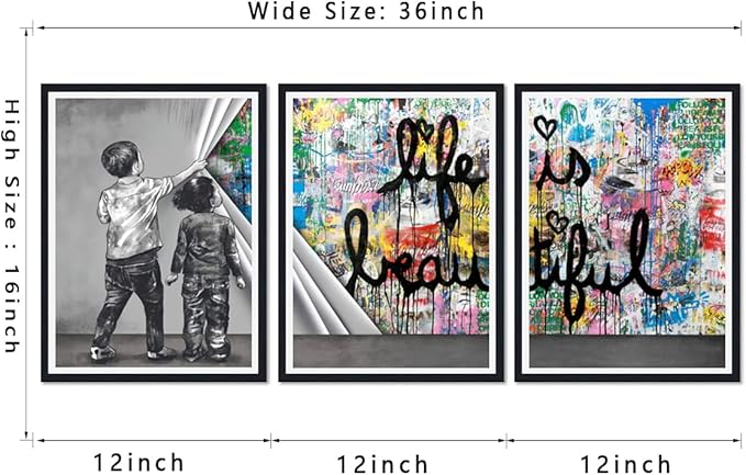 Novatique Banksy Canvas Wall Art for Living Room Colorful Graffiti Poster Canvas Print Behind the Curtain Framed Modern Home Office Decor,12" x 16" x 3Pcs