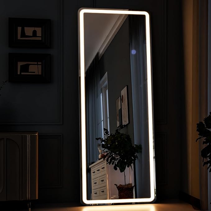 GLSLAND LED Full Length Mirror 64" x 21" Floor with Stand Wall Mounted Hanging Full Body Mirror with Lights Free Standing for Bedroom Living Room Bathroom, White