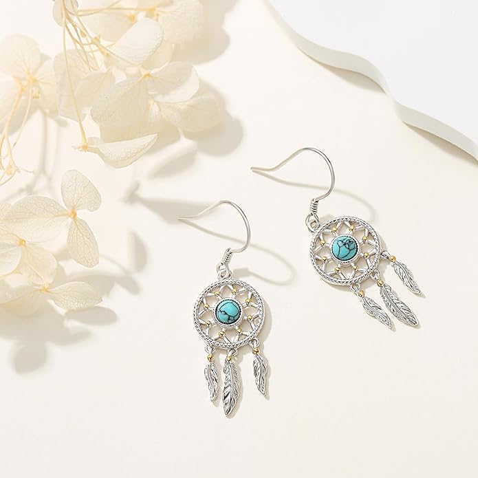 Dream Catcher Earrings for Women 925 Sterling Silver Western Earrings Dream Catcher Dangle Cowgirl Earrings Bohe Jewelry Gifts for Women