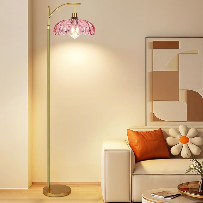 Pink Floor Lamp for Living Room,Bedroom,Gold Dimmable Standing Lamp with Remote,Mid Century Modern Brass Tall Lamp Boho Floor Lamps Arc Stained Glass Flower Floor Light Lamp Girls kids Bohemian