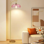 Pink Floor Lamp for Living Room,Bedroom,Gold Dimmable Standing Lamp with Remote,Mid Century Modern Brass Tall Lamp Boho Floor Lamps Arc Stained Glass Flower Floor Light Lamp Girls kids Bohemian