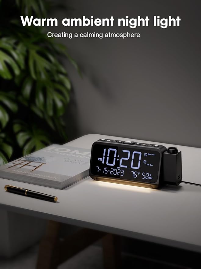 ROCAM Projection Alarm Clock, Digital Clock with 180° Projector on Ceiling Wall, Dual Loud Alarm Clocks for bedrooms with Weekday/Weekend Mode,2 USB Ports, Dimmer, Temp, Humidity, Night Light, Snooze