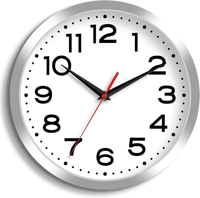 Wall Clock Silent Non-Ticking Modern Clock Battery Operated 12 Inch Small Classic Analog Decorative for Kitchen, Bathroom, Office, Bedroom, Home(Silver)