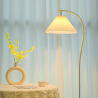 Unique Arc Floor Lamp, Bright 12W Three-Color Dimming, 14-inch Pleated Lampshade, Brass Gold Light Pole, Living Room Corner Bedroom Bedside Office Standing Reading Lamp, Modern Home Decor Tall Light