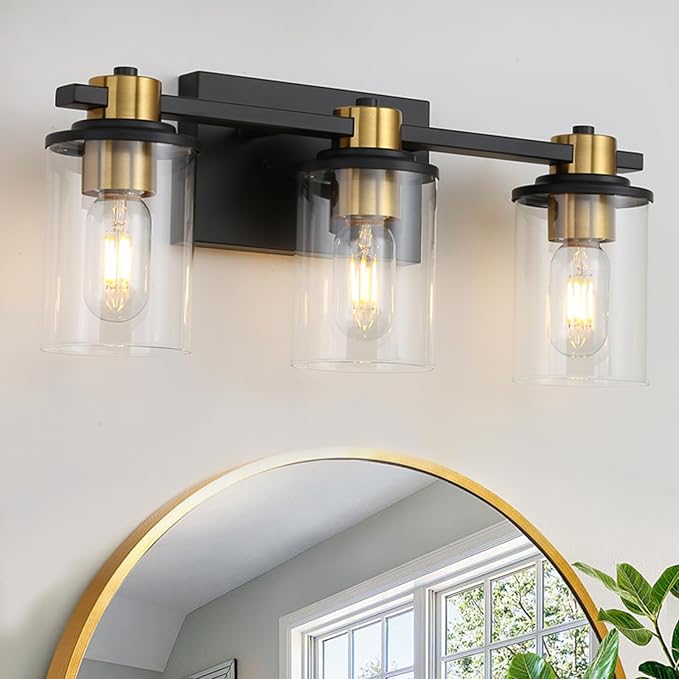 LOUSACE Bathroom Light Fixtures Black and Gold, 3 Light Bathroom Vanity Light, Modern Bathroom Light over Mirror with Clear Glass Shades, Brushed Gold Socket Wall Vanity Lighting Fixtures for Bathroom
