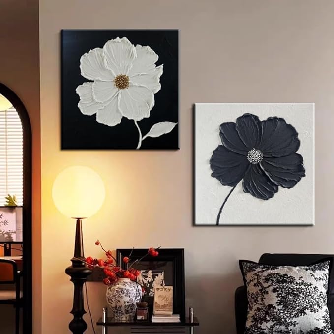 YaSheng Art - Thick Texture Flowers Abstract Oil Painting Hand-Painted Black and White Wall Art Minimalist modern Art Paintings Home Living room Room Dining Room Bedroom Wall Decorative Art Oil Painting 24x24inch