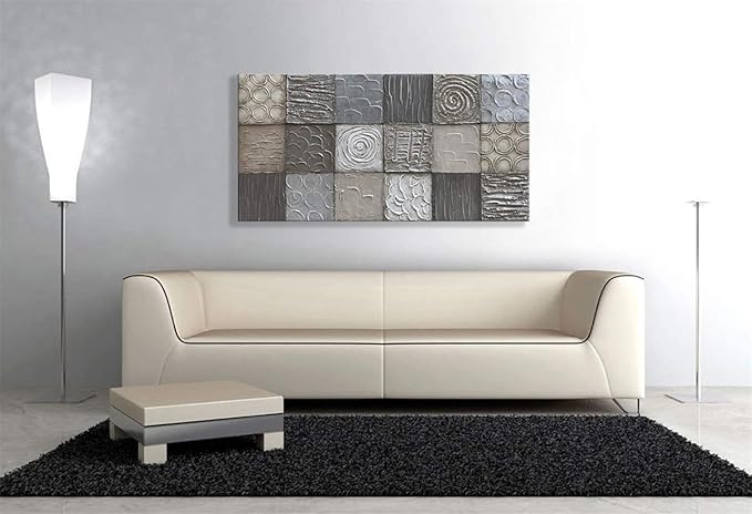 Alenoss 100% Handmade Abstract Metal Paintings Canvas Wall Art Unique Thick Texture Rough Surface Modern Oil Painting 48x24 Inches Imitation Old Handicrafts Grey Artwork