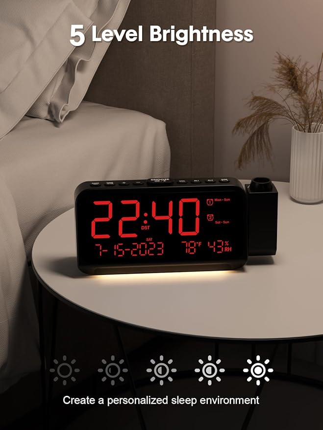 ROCAM Projection Clock for Bedroom, Digital Clock with 180° Projector on Ceiling with 5-Level Dimmer, Dual Loud Alarm Clock with Weekend/Weekday Mode, Date, Temp, Humidity, Night Light, Snooze