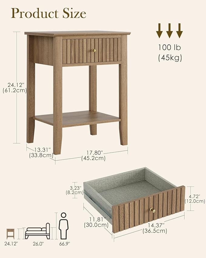 Fluted Nightstand, Farmhouse Night Stand with 1 Drawers, Mid Century Modern Side Accent Table,Bedside End Table for Bedroom, Living Room, Natural