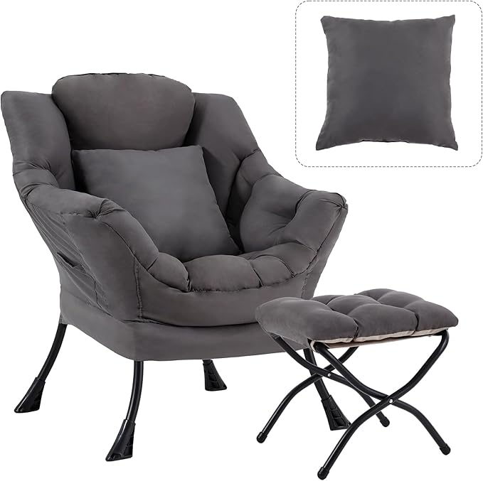 Lazy Chair with Ottoman, Large Lounge Accent Chair with Ottoman and a Throw Pillow, Dark Grey Reading Chair for Living Room Bedroom Dorm Room Office Apartment Relaxing Use