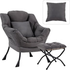Lazy Chair with Ottoman, Large Lounge Accent Chair with Ottoman and a Throw Pillow, Dark Grey Reading Chair for Living Room Bedroom Dorm Room Office Apartment Relaxing Use