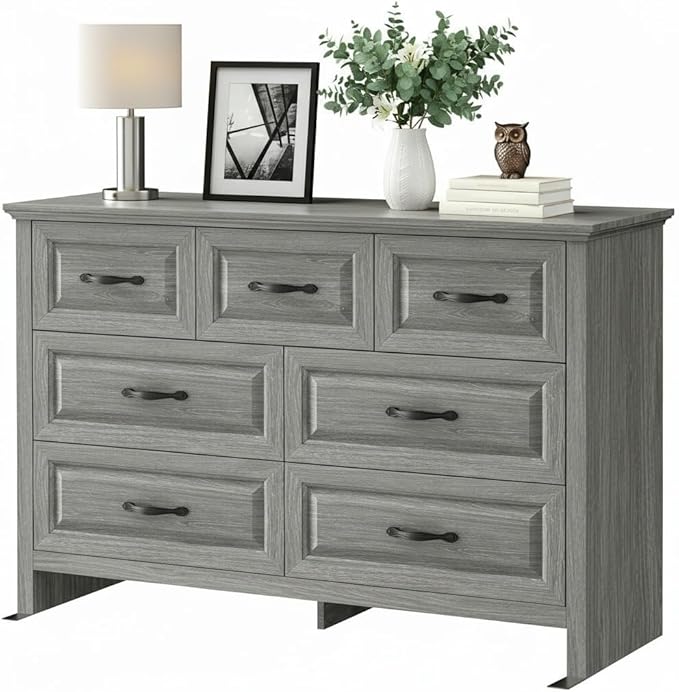 Marsail Farmhouse 7 Drawer Dresser, Wood Chest of Drawers with Natural Texture, Smooth Gliding Drawers, Versatile Storage Organizer Cabinet for Bedroom & Living Room, Grey