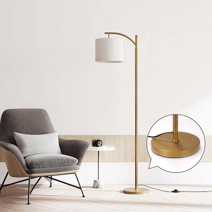 SUNMORY Arc Floor Lamp, Modern Floor Lamp with Romote Control and Stepless Dimmable Bulb, Metal Standing Lamps with Hanging Lampshade for Living Room, Bedroom, Office (Gold)
