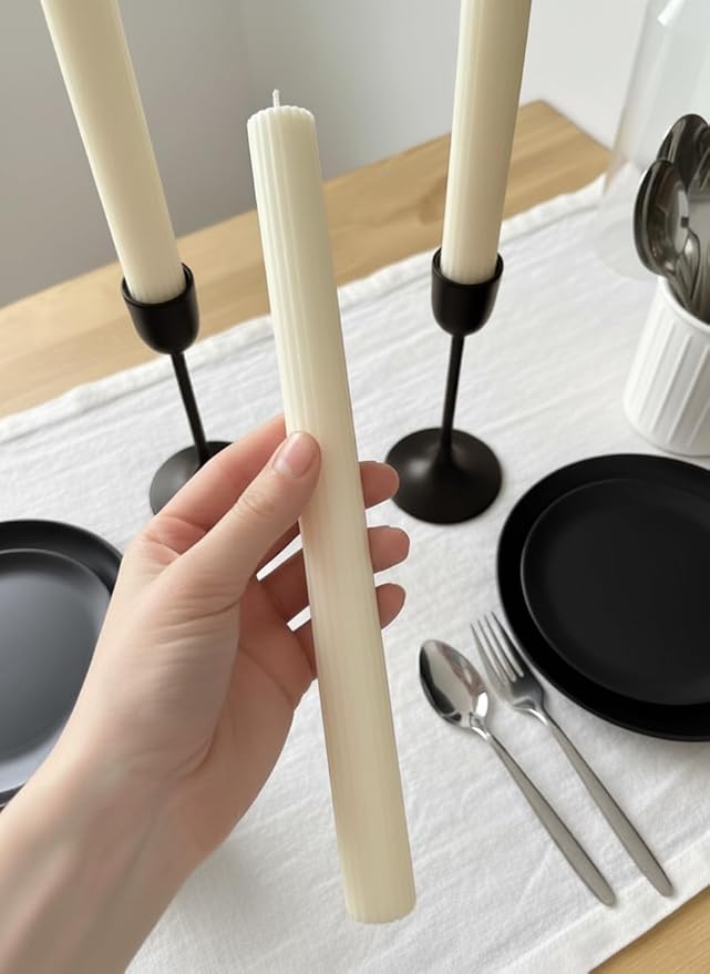 10" Candle Sticks, Ribbed Taper Candles, Ivory, 4-Pack, Unscented