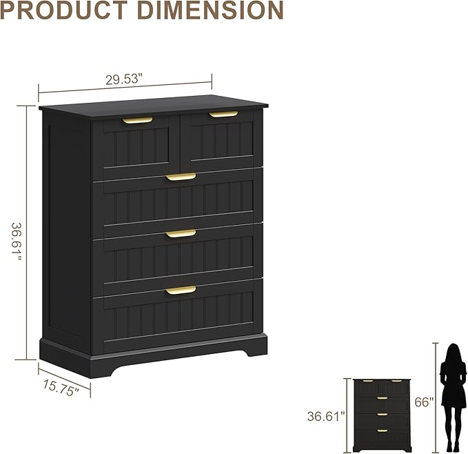 5 Wooden Drawer Dresser for Bedroom Storage, Modern Farmhouse Wood Chest of Drawers with Metal Handles, Wide Storage Cabinet for Closet, Living Room, or Entryway Black