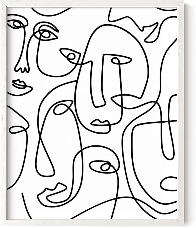 Abstract Face Pattern Wall Art Collage of Modern Faces Continuous Line Drawing 16x20 Inch Oak Wood White Framed Artistic Aesthetic Print for Living Room
