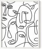 Abstract Face Pattern Wall Art Collage of Modern Faces Continuous Line Drawing 16x20 Inch Oak Wood White Framed Artistic Aesthetic Print for Living Room