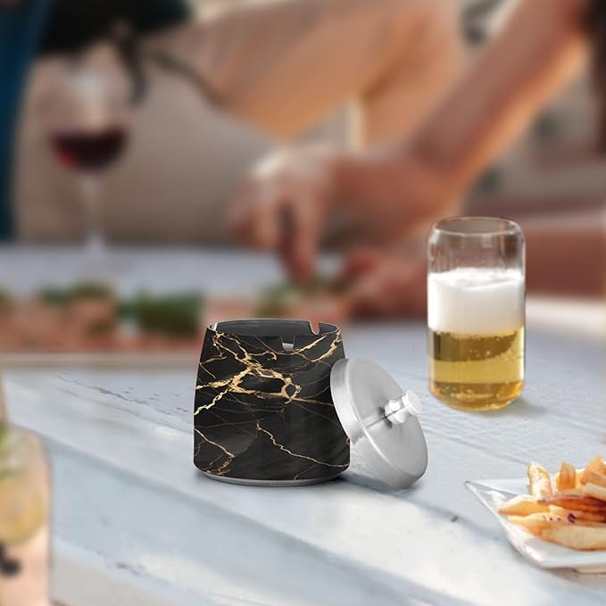 Black Gold Marble Textures Ashtray with Lid, Outdoor Ashtrays for Patio, Stainless Steel Ashtray Odorless Smokeless for Home Office Balcony