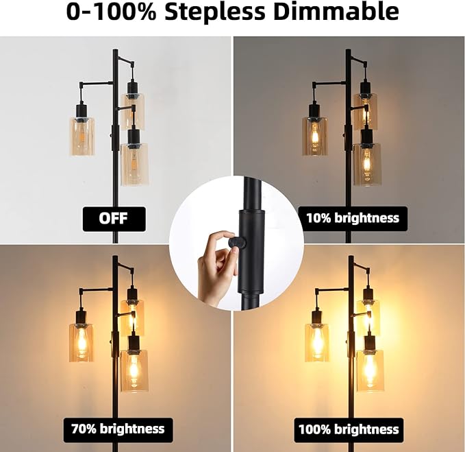 Farmhouse Floor Lamp, Dimmable Floor Lamp for Living Room, Rustic 3 Lights Oil Rubbed Bronze Tree Standing lamp, Vintage Tall Pole Lamp with Amber Glass Shade