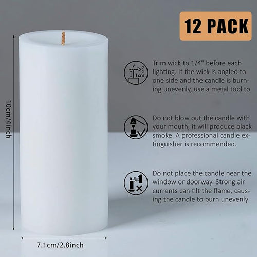12 Packs White Pillar Candles, 50 Hours Long Burning Time Unscented Pillar Candles for Emergency,Wedding,Church, Dripless and Smokeless Table Candles Pillar, White Candles for Party, Relaxing