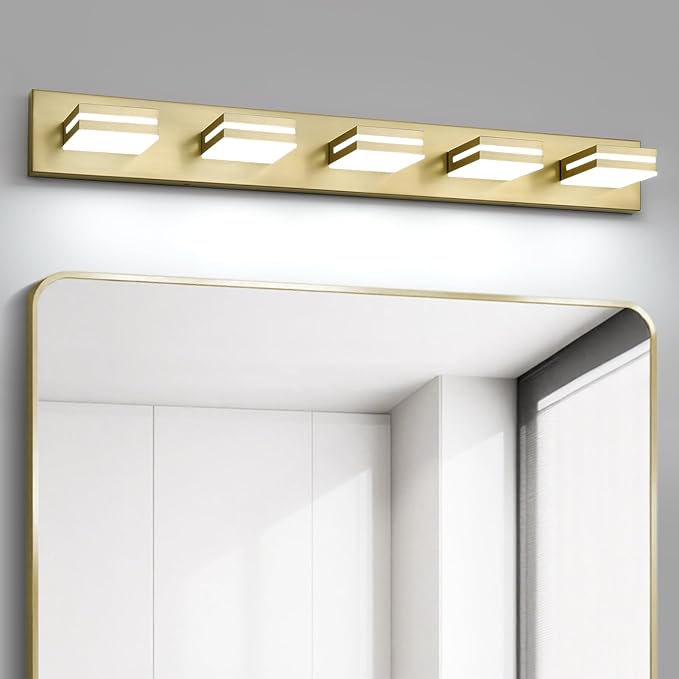 OKELI 5-Light Bathroom Vanity Light Gold Modern LED Vanity Light Over Mirror Dimmable Mirror Front Lamp with 350° Adjustable Lamp Head ETL Listed 32W 6000K Cold White