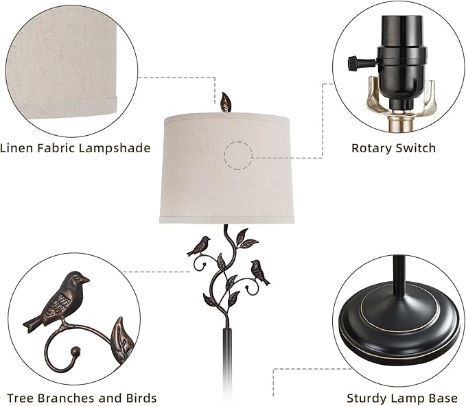 RORIANO 63" Rustic Leaf Floor Lamp for Living Room, Unique Bird Tall Standing Lamp with Rotary Switch, Vintage Floor Lamps for Bedroom Study Room, Bulb Included