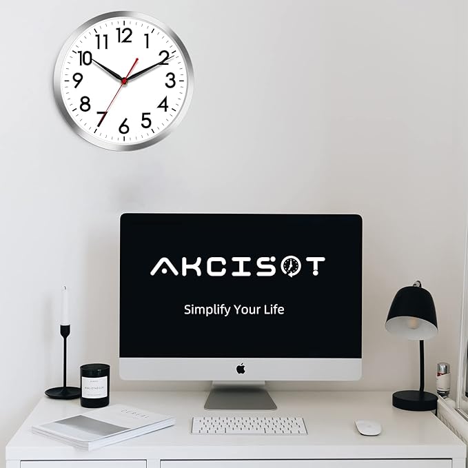 AKCISOT Wall Clock 12 Inch Silent Wall Clocks Battery Operated Non Ticking - Modern Silver Clock Decorative for Kitchen, Bathroom, Bedroom, Living Room, Office, Home