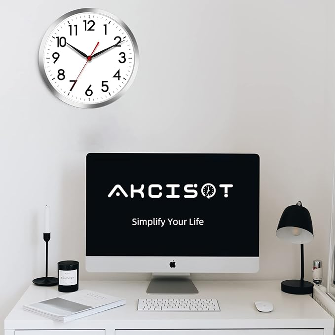 AKCISOT Wall Clock 10 Inch Silent Wall Clocks Battery Operated Non Ticking - Modern Silver Clock Decorative for Kitchen, Bathroom, Bedroom, Living Room, Office, Home(Silver)